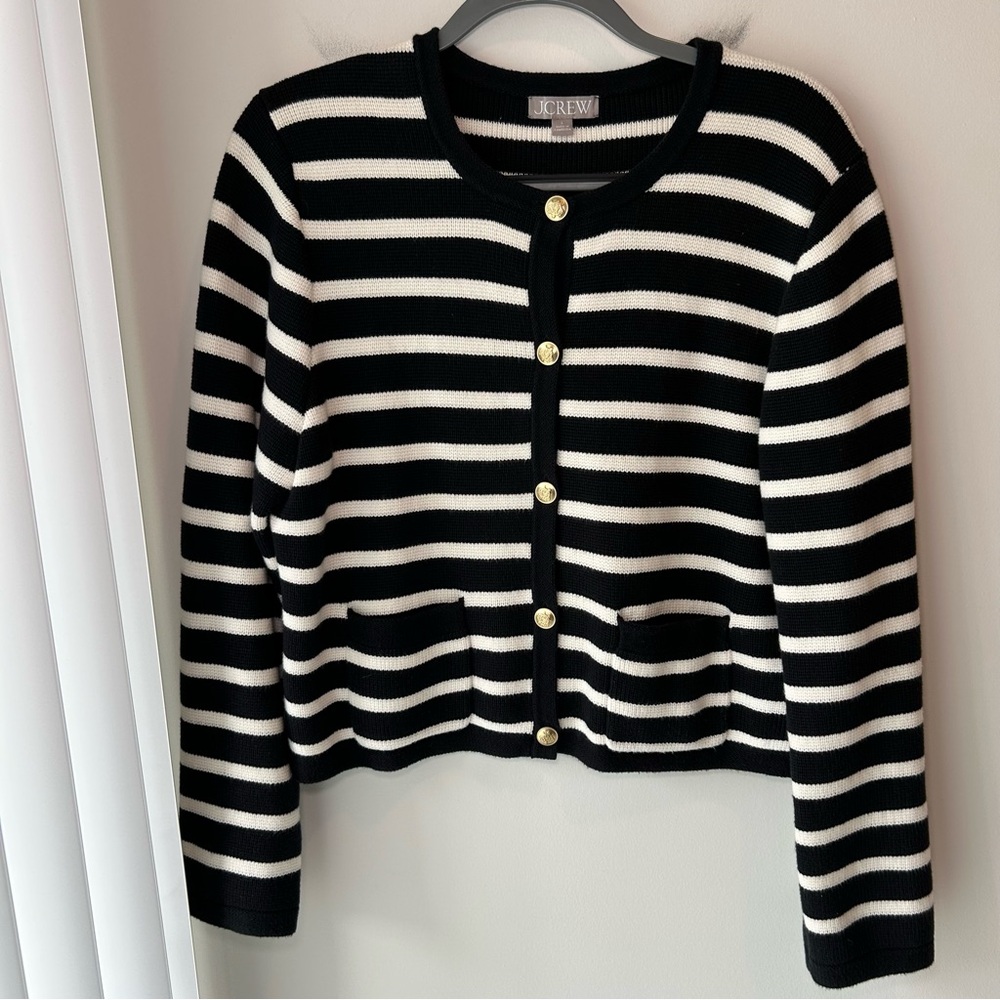 J. Crew Emilie Sweater Lady Jacket Black and White Stripe Size Large - Picture 2 of 9